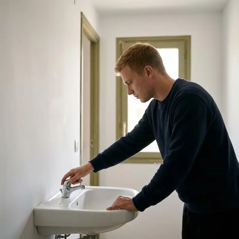 Hombre joven abriendo el grifo del baño de un piso vacío recién pintado