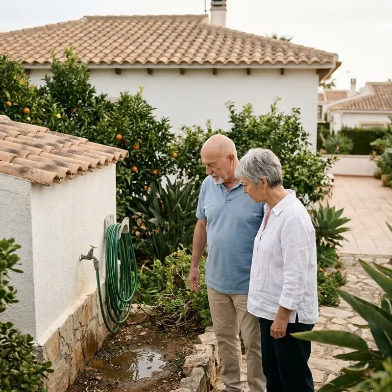 Pareja de mediana edad en el jardín de su chalé con un grifo de riego en la pared