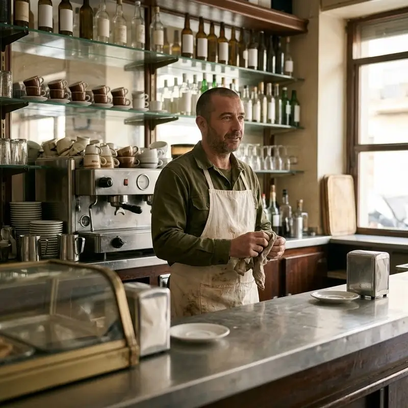 Dueño de un pequeño bar de Valencia detrás de la barra por la mañana