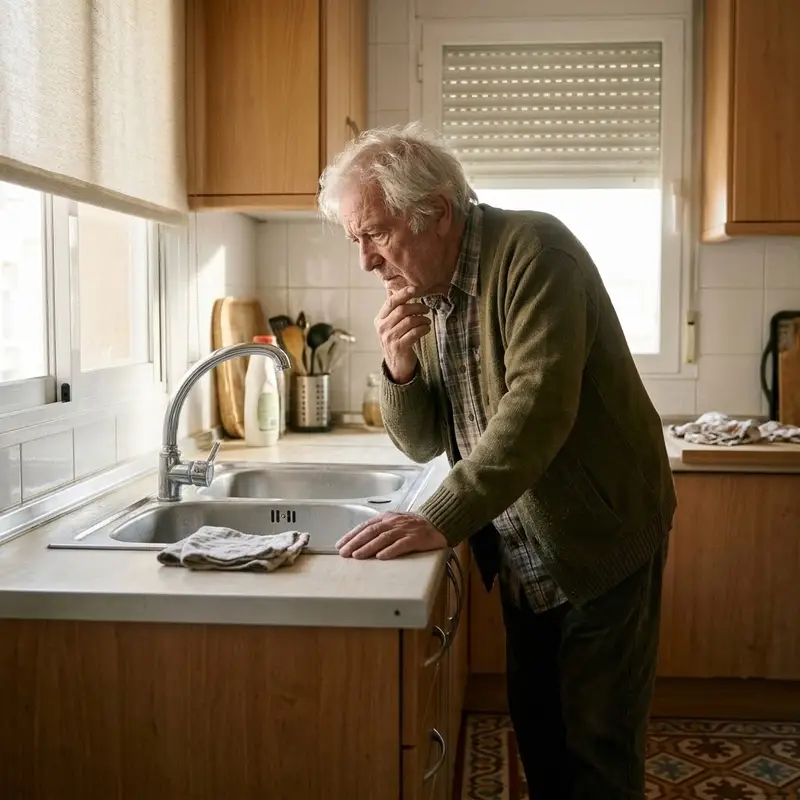 Hombre mayor en la cocina de su piso antiguo de Valencia mirando el grifo del fregadero