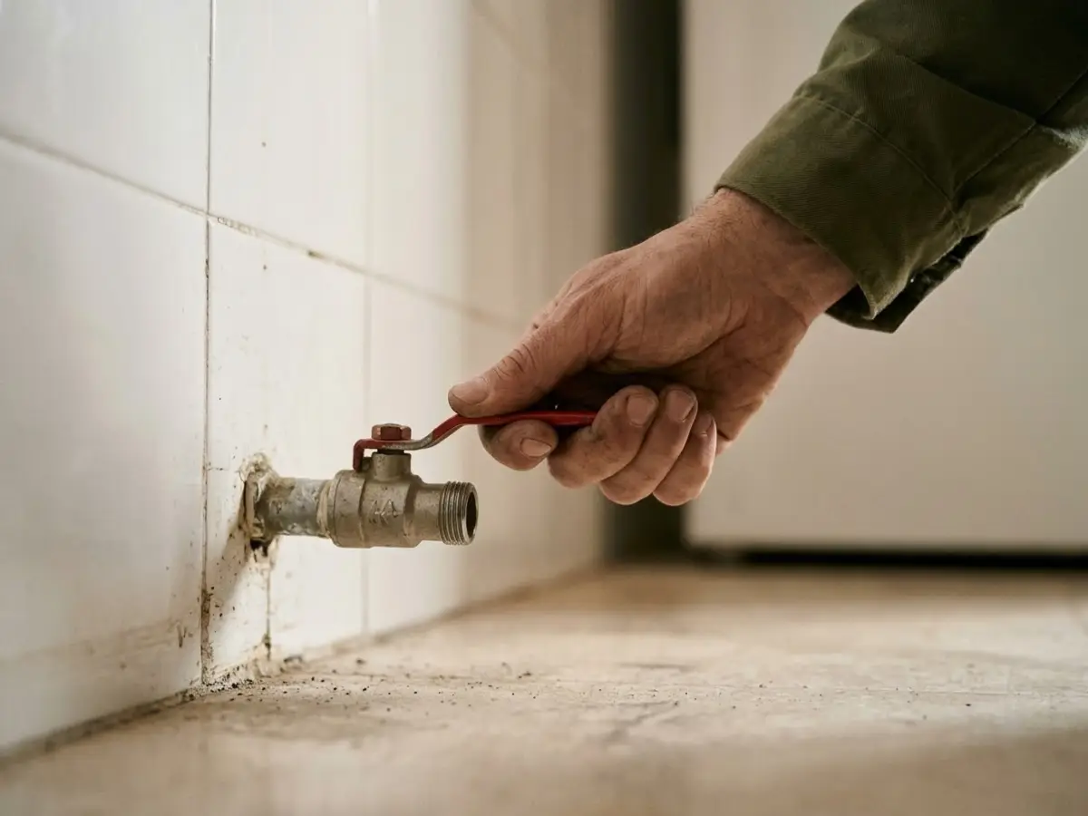 Mano cerrando una llave de paso de agua de palanca en la pared de una cocina