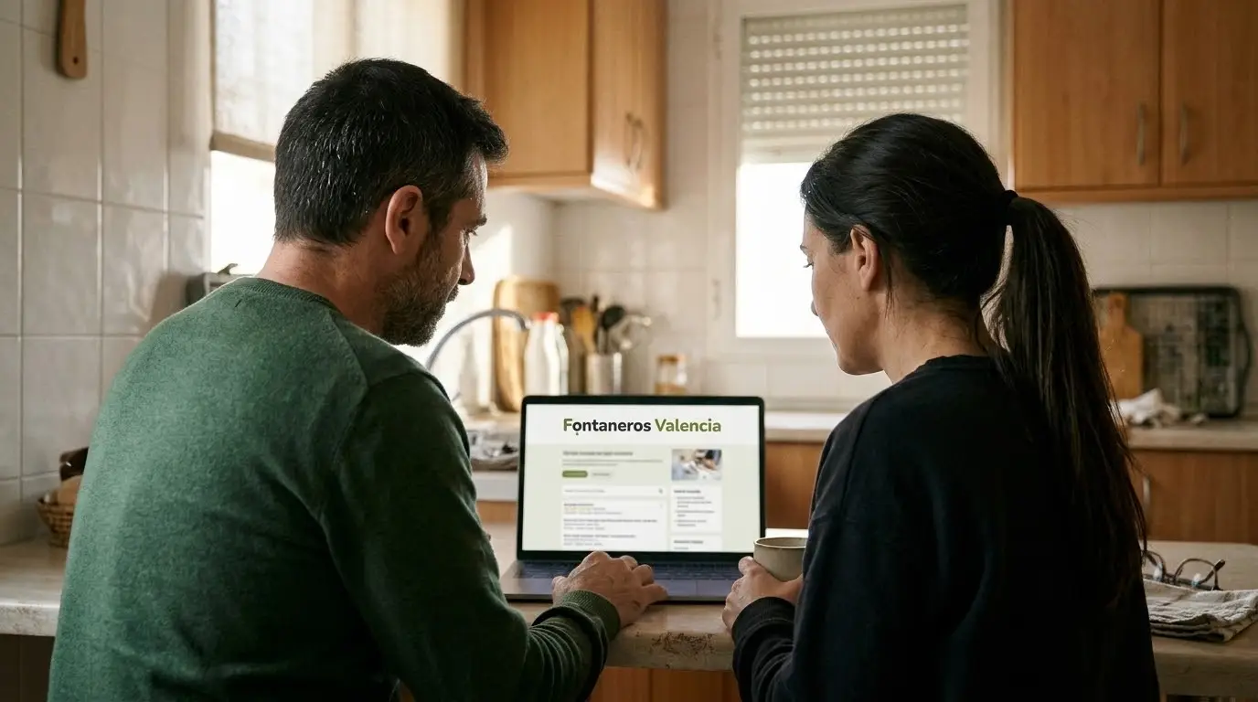 Pareja mirando en un portátil el presupuesto de un fontanero, sentados a la mesa de la cocina