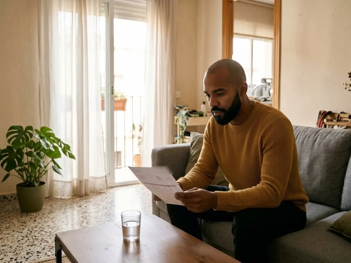 Hombre mayor sentado a la mesa de la cocina leyendo una factura con una taza de café al lado
