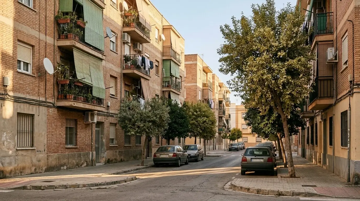 Calle de bloques de pisos de ladrillo de los años 60 en Puerto de Sagunto con árboles en la acera