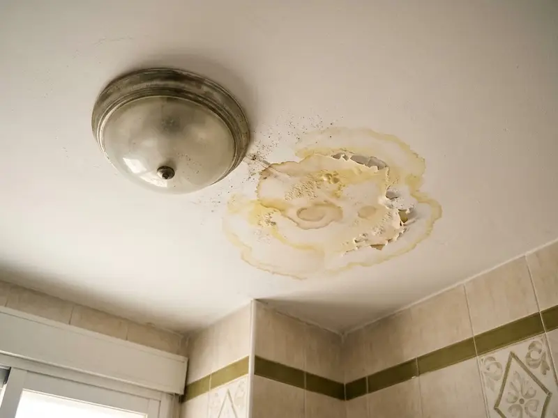 Mancha de humedad en el techo blanco del baño de un piso, junto a la lámpara