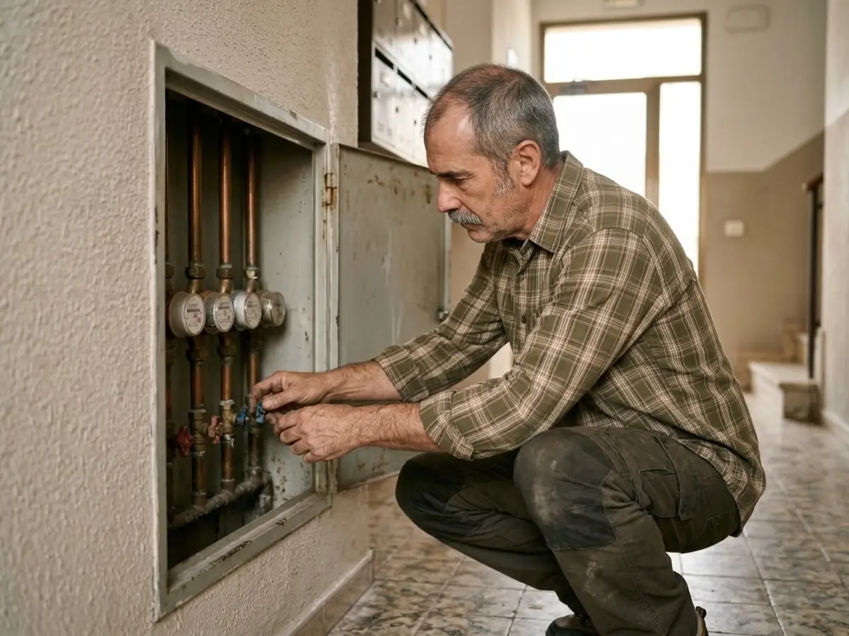 Hombre agachado junto a la batería de contadores de agua del portal de un edificio cerrando la llave de su piso