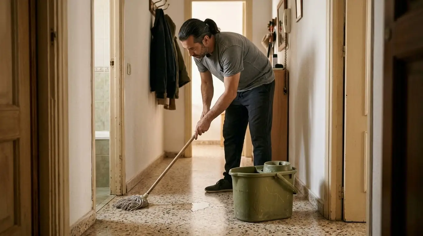 Hombre en el pasillo de su casa recogiendo con una fregona el agua que sale de debajo de la puerta del baño